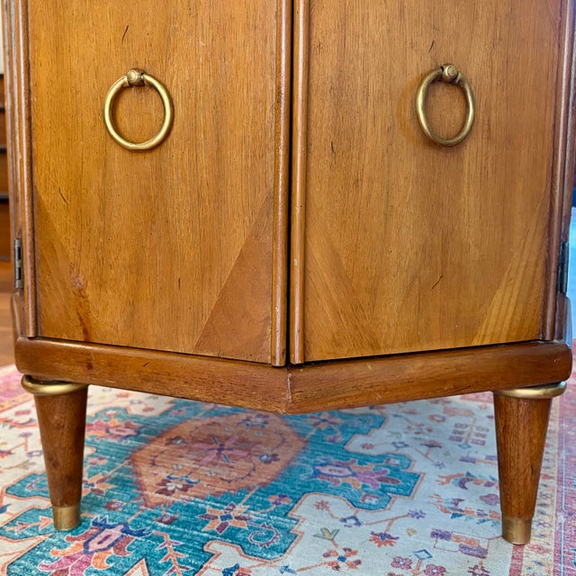 Mid-Century Modern 1970s Round Top Hexagon Two Door Cabinet End Table With Brass Ring Pulls and Leg Caps For Sale - Image 3 of 10