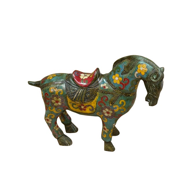 1990s Vintage Chinese Turquoise Blue Flower Cloisonné Enamel Horse Statue For Sale - Image 5 of 12