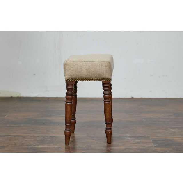 19th Century English Petite Oak Stool with Unique Top and Linen Upholstery For Sale - Image 4 of 9