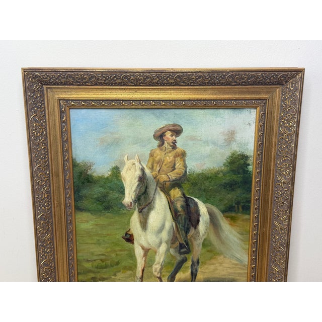 Oil Portrait Painting Wild West Buffalo Bill William Frederick Cody on Grey Horse After Rosa Bonheur For Sale - Image 10 of 11