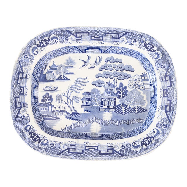 Large 19th Century English Staffordshire Ironstone Blue Willow Platter For Sale