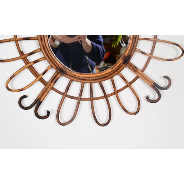 Mid-Century French Riviera Round Sunburst Mirror in Curved Rattan, France, 1970s For Sale - Image 9 of 11
