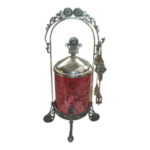 Antique Victorian Meriden Ornate Silverplate Cranberry Pickle Caster With Tongs
