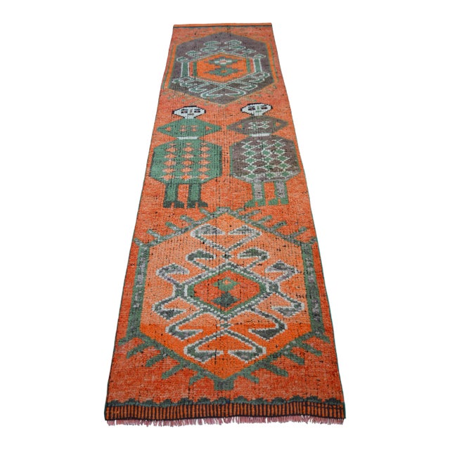 Mythological Runner Rug Hand-Knotted 2'9"x9'6" Vibrant Orange Turkish Rug Kitchen Runner Extraterrestrial Motif For Sale