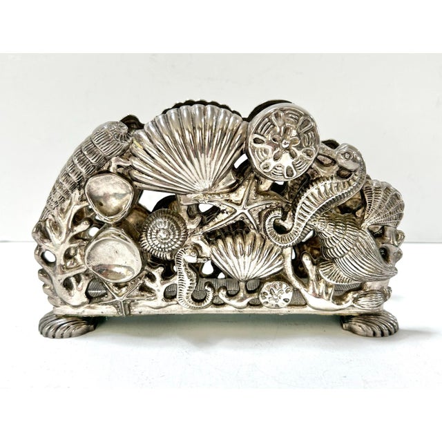 Art Nouveau Vintage Godinger Seashell Seahorse Starfish Napkin Holder Silver Plate For Sale - Image 3 of 10