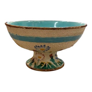 Vintage Italian Majolica Floral Footed Compote Bowl With Blue Bow For Sale