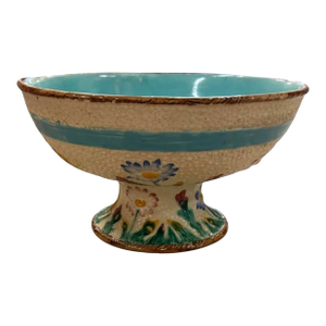 Vintage Italian Majolica Floral Footed Compote Bowl With Blue Bow