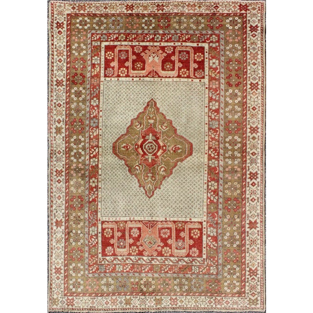 Textile Antique Medallion Turkish Small Oushak Carpet in Various Green Tones & Red For Sale - Image 7 of 7