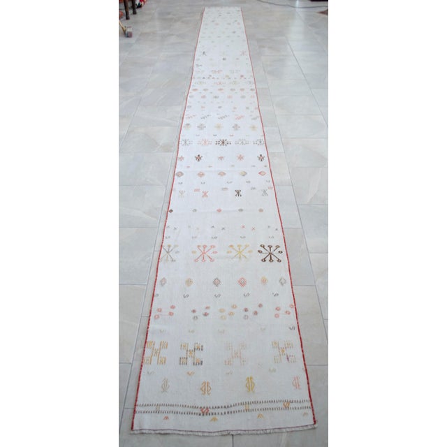 Cream 1950s Vintage Hand Woven Kilim Runner Rug Flat Weave Cotton Stair Runner - 2'2 X 22'6" For Sale - Image 8 of 15