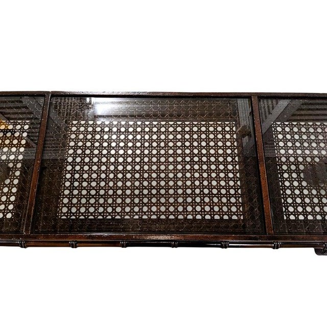 Mid-Century Modern Late 20th Century Faux Bamboo Cane and Smoked Glass Top Console Table For Sale - Image 3 of 6