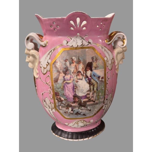 Victorian Pair of Antique Old Paris Porcelain Scenic & Gilt Decorated Handled 13.5" Vases For Sale - Image 3 of 11