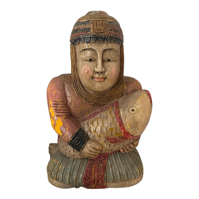 Seated Asian Carved Wood Figure Holding Fish For Sale