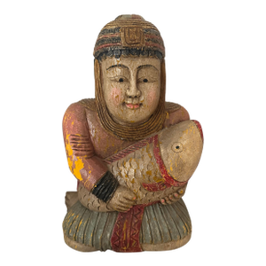Seated Asian Carved Wood Figure Holding Fish