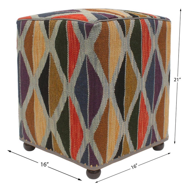 Gray Bohemian Handmade Kilim Upholstered Ottoman For Sale - Image 8 of 9