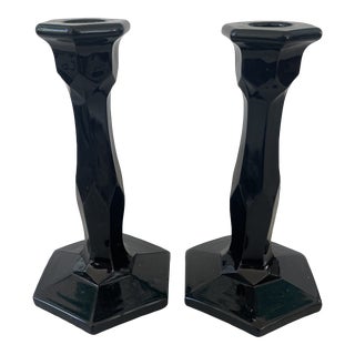 Early 20th Century Black Glass Pair of Candle Sticks For Sale