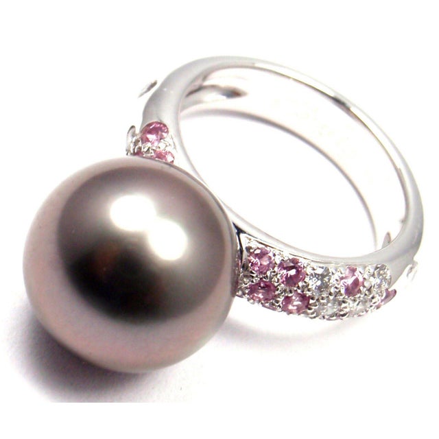 Silver Cartier 18k White Gold Tahitian Pearl Diamond Pink Sapphire Ring For Sale - Image 8 of 10