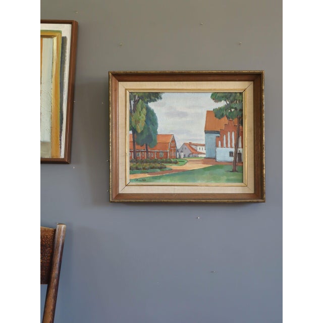 Mid-Century Modern Mid-Century Modern 'Red Roofs' Vintage Swedish Town Landscape Oil Painting, Framed For Sale - Image 3 of 12