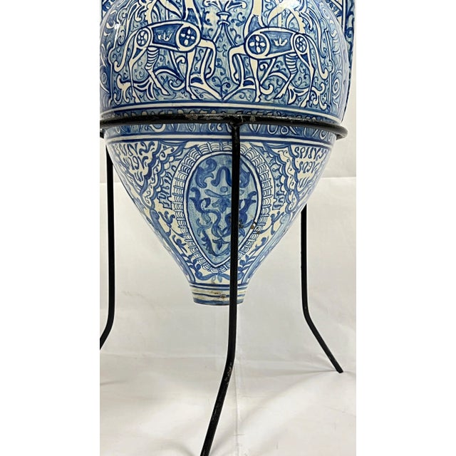 Antique Blue and White Ceramic Alhambra Vase and Iron Stand For Sale - Image 11 of 12