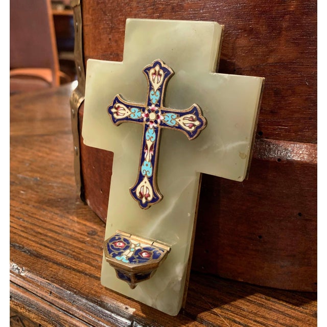 French 19th Century French Brass & Champleve Cross With Holy Water Font on Green Marble For Sale - Image 3 of 7