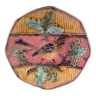 19th Century Belgium Majolica Bird With Oak Leaves Plate Wasmuel For Sale