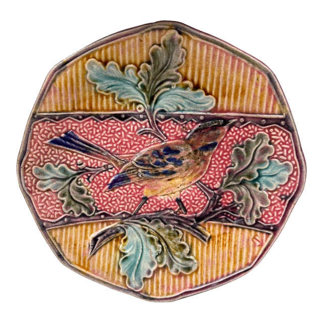 19th Century Belgium Majolica Bird With Oak Leaves Plate Wasmuel For Sale