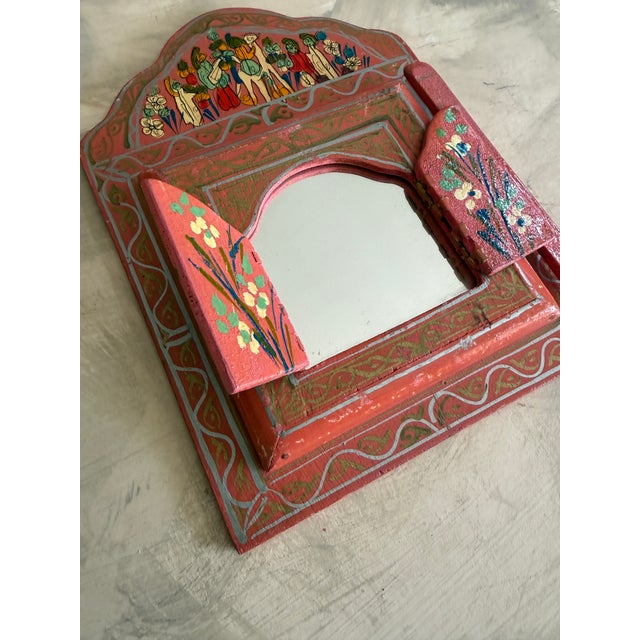 Mexican Vintage Folk Art Painted Wood Mirror Hand Painted Floral Motif 9.5 Inch Wall Mirror For Sale - Image 3 of 11