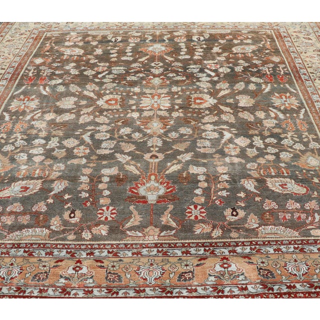 Square Antique Persian Malayer Rug With a Brown Field and Stylized Floral Design 11 X 13 For Sale - Image 4 of 18