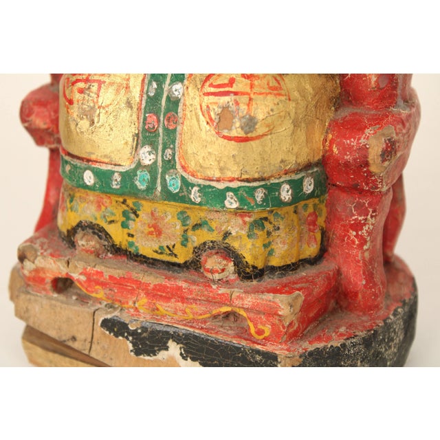 Pair of Chinese Wood Carved Polychrome and Gilt Decorated Figures For Sale - Image 11 of 12