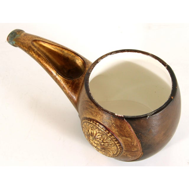 Vintage Mid Century Italian Leather & Ceramic Pipe Form Cachepot Planter For Sale - Image 4 of 7