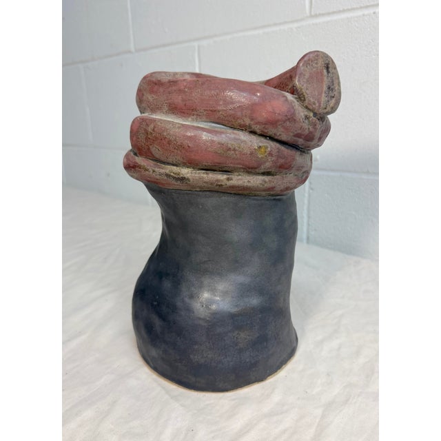 Vintage Handmade Studio Black Red Glaze Brutalist Art Pottery Vase Sculpture For Sale - Image 11 of 11