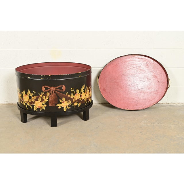 Maitland Smith Neoclassical Hand-Painted Black Lacquered Oval Toleware Box or Chest on Stand For Sale - Image 12 of 15