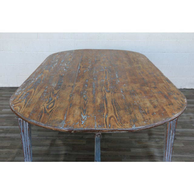 Antique 1920s French Provincial Large Oval Pine Dining Table With Distressed Painted Base For Sale - Image 9 of 18