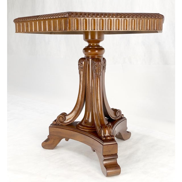Wood Fine Hexagon Burl Wood Top Tripod Carved Scroll Base Rope Edge Center Table MINT For Sale - Image 7 of 17