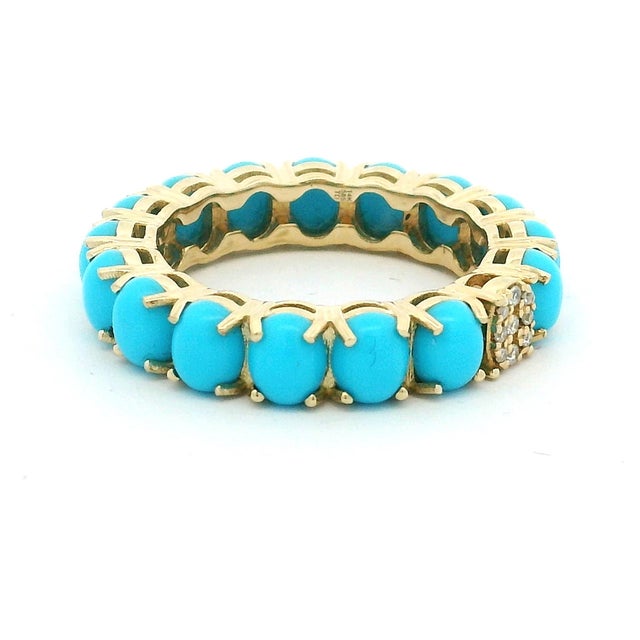 14k Gold Persian Turquoise Eternity Band With Diamond Accent, Size 7.5 For Sale - Image 4 of 7