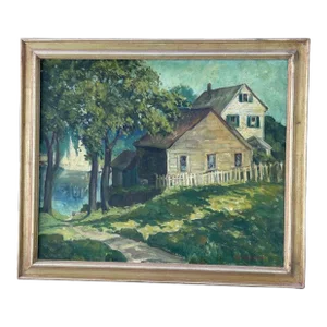 Large Impasto Painting of House on the Water by Lephe Kingsley Holden