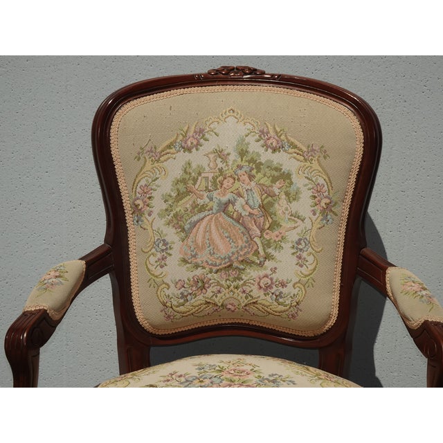 Pair of Vintage French Louis Style Tapestry Arm Chairs For Sale - Image 4 of 18