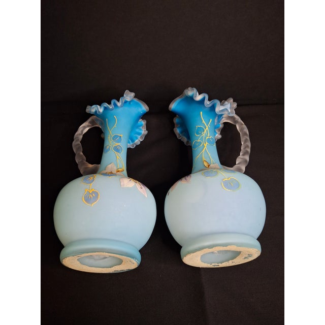 Antique Pair Victorian Blue Satin Cased Glass Pitcher Ewers Hand Painted Orchids Frosted Coral Branch Handles Ruffled Rim - a Pair For Sale - Image 11 of 18