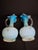 Antique Pair Victorian Blue Satin Cased Glass Pitcher Ewers Hand Painted Orchids Frosted Coral Branch Handles Ruffled Rim - a Pair For Sale - Image 11 of 18