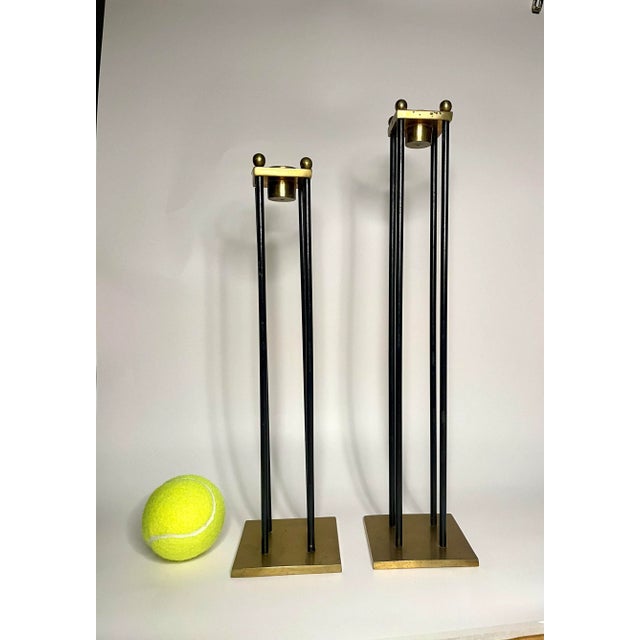 Modern Mid Century Transitional Black Metal and Brass Candlesticks, a Pair For Sale - Image 3 of 12