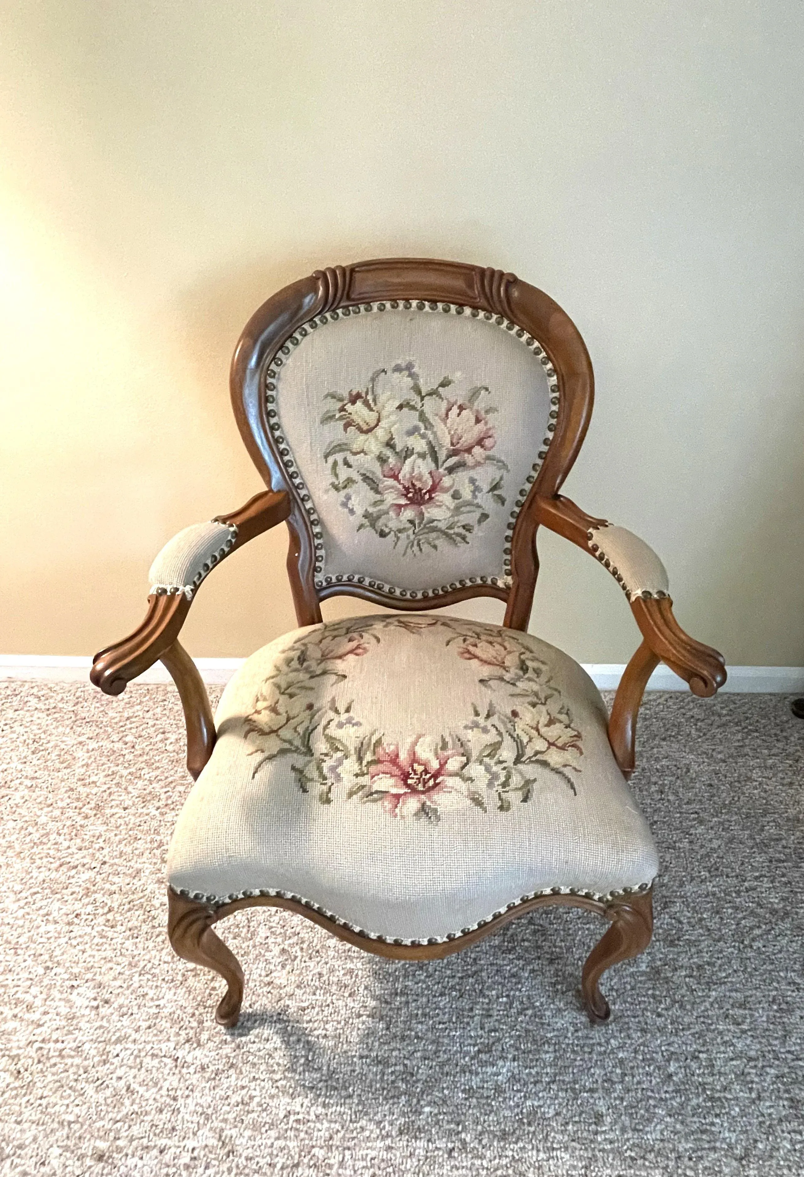 1920s French Needlepoint Upholstered Walnut Accent Chair | Chairish