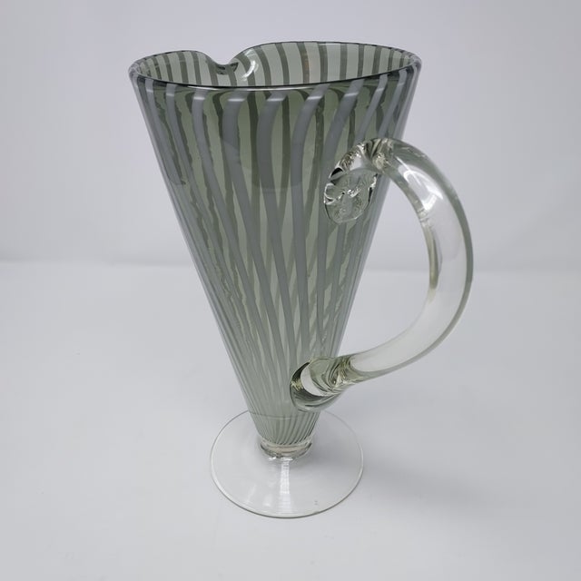 Striped Venetian Style Blown Glass Martini or Water Pitcher 1990s Smoky Gray Green White - may be 1990s, but exhibits real...