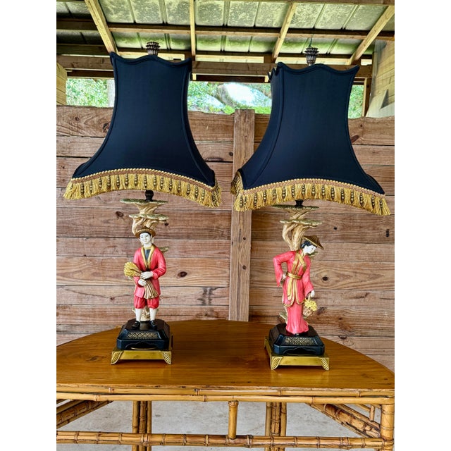 Chelsea House Chinoiserie Figural Table Lamps With Black Shades - a Pair For Sale - Image 9 of 12