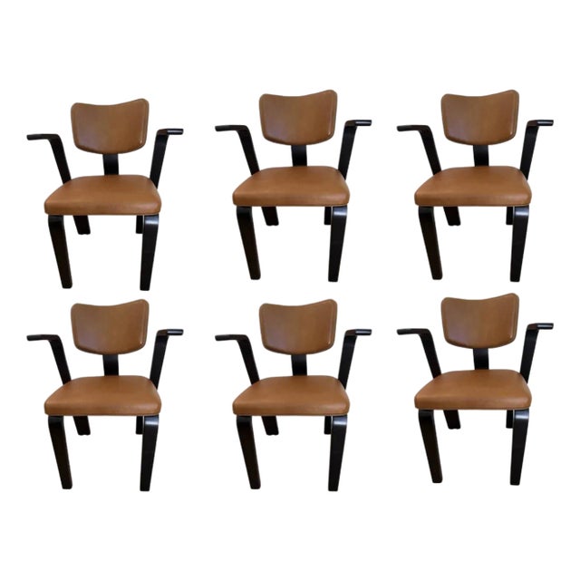 1950’s Mid-Century “Thonet” Ebony Wood Arm Chairs - Set of 6 For Sale