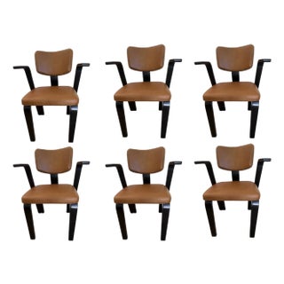 Set of 6 Mid-Century “Thonet” Ebony Wood Arm Chairs in Brown Upholstery For Sale