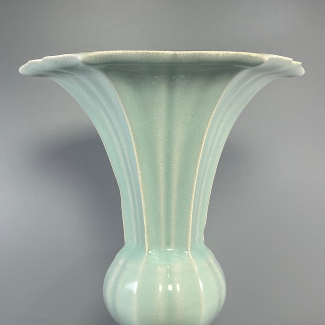 Chinese Vintage Chinese Longquan Pale Celadon Fluted Vase With Lobed Rim For Sale - Image 3 of 8