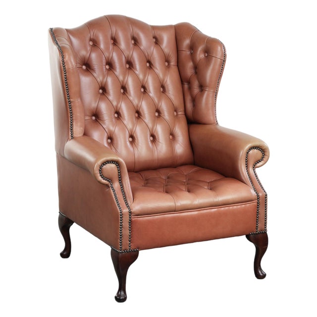 Classic English Cowhide Button-Seat Chesterfield Wing Armchair For Sale