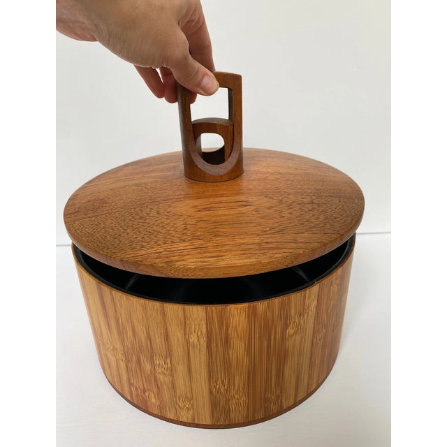 Mid-Century Modern Teak and Bamboo Dansk Double Ring Round Ice Bucket Quistgaard, 1960s Mid Century For Sale - Image 3 of 5