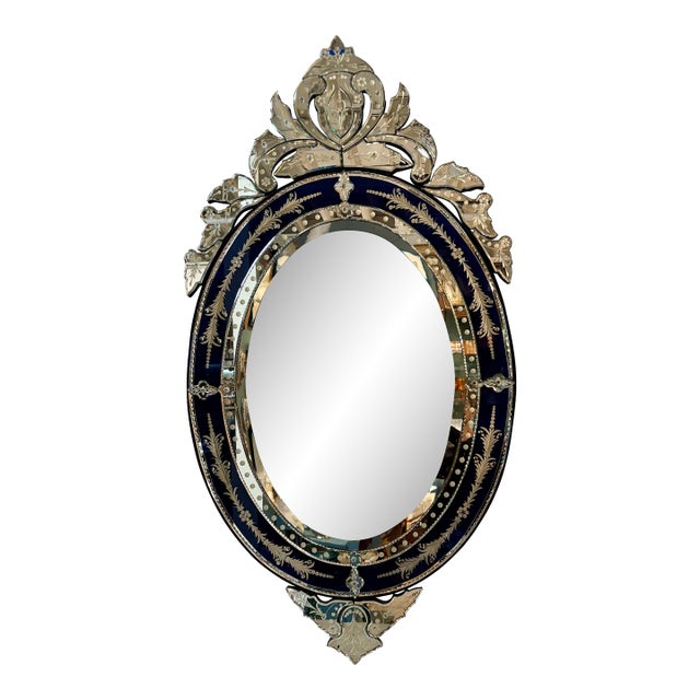 Ornate Dark Blue and Etched Glass Oval Venetian Mirror For Sale