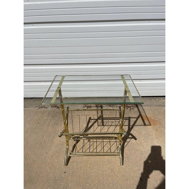 Mid-Century Modern Gold Faux Bamboo Side Table Vintage Mid Century Modern Glass Rack For Sale - Image 3 of 10