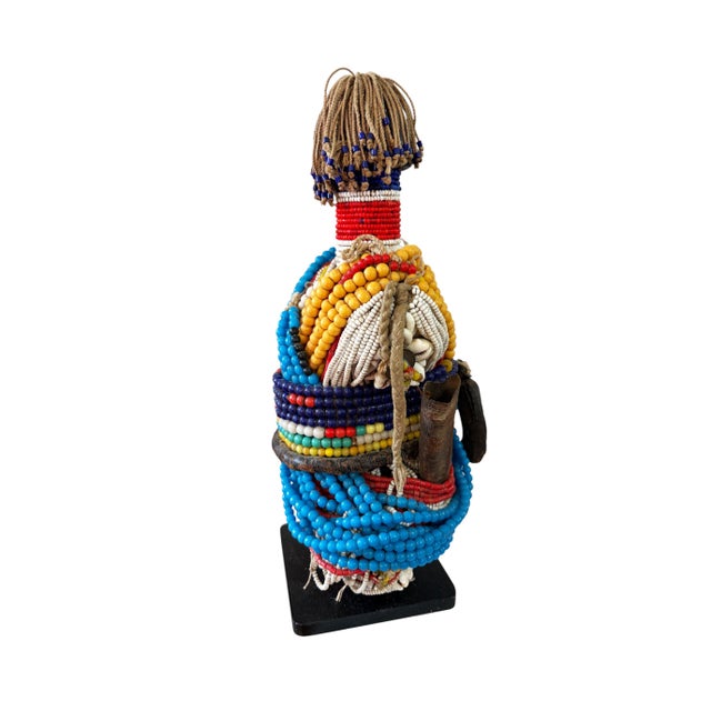 1970s Vintage African Beaded Namji Twin Fertility Dolls Cameroon 12" H W/Wood Stand For Sale - Image 5 of 9